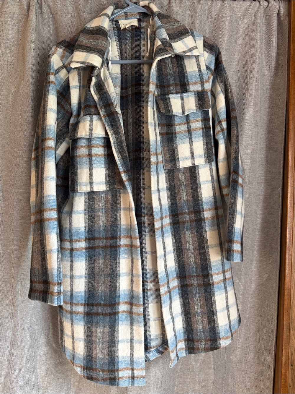 Plaid Wool-Blend Longline Shacket in Cream, Brown & Blue